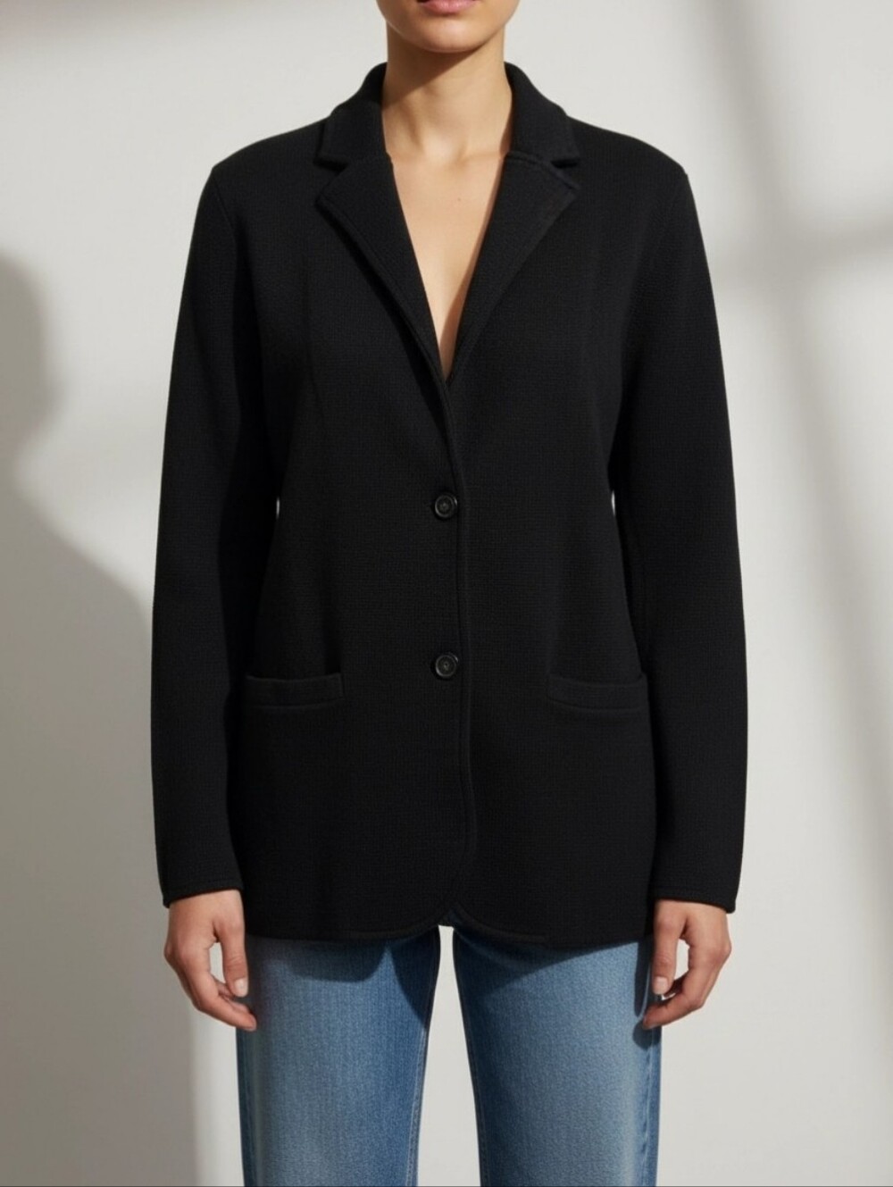 J. Crew Womens Sz M Sweater Blazer All Cotton Black Knit Pockets Academia